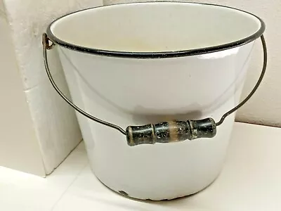 Vintage WHITE ENAMEL BUCKET BLACK TRIM WIRE WOOD HANDLE 10½  DIAMETER 9  DEEP • $50