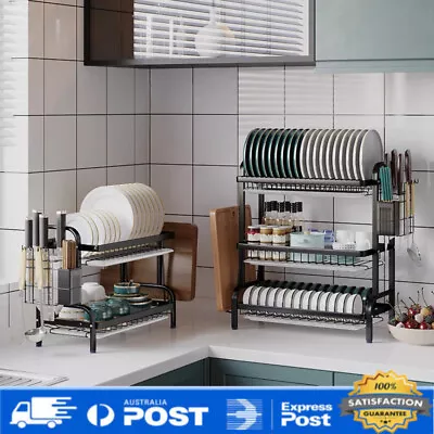 Dish Rack Plate Cup Drying Drainer 2/3 Tier Tray Cutlery Holder Kitchen Organise • $37.98