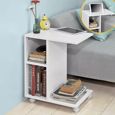 SoBuy White Coffee Sofa Side End Table On Wheels With Storage ShelvesFBT48-WUK • £34.95