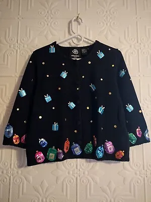 Vtg. Christmas Michael Simon Sequin Embellished Black Cardigan Sweater Size Lg • $65.95