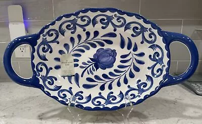 BLUE ROSE SCROLL 17.5 X10” Melamine Large Serving Tray Bowl Platter W/ Handles • $39.99