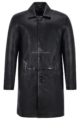 Men's Knee Length Leather Coat Black Classic 3/4 Trench Real Lambskin Coat 1476 • £159.66