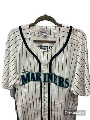Vintage 90s MLB Seattle Mariner Button Up Starter Pinstripe Jersey XL • $34
