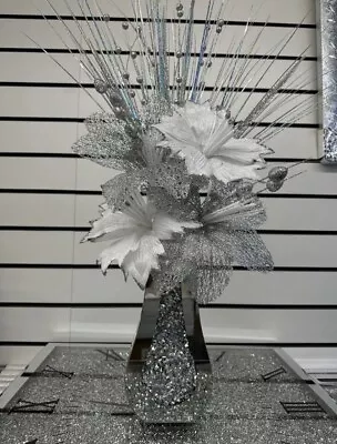 Crushed Diamond Vase With Flowers Crystal Mirrored Mantel Glitter Bling 25 Cm • £34.99