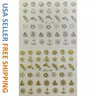 Nail Art 3D Decal Stickers Shells Sea Horse Dolphin Anchor Gold Or Silver DTL30 • $4.10