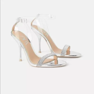 Zara Adjustable Buckle Clear Ankle Strap And Rhinestone Sandals Size 38 New • $49