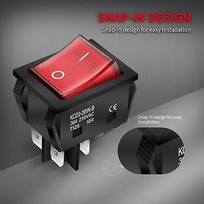 2X Red Light Illuminated 4 Pin DPST ON/OFF Snap In Rocker Switch 20A 16A 250V AC • £6.45