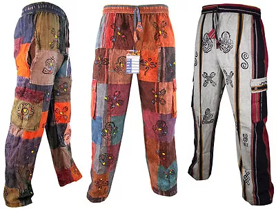 Men Cotton Patchwork Om Symbol Elastic Waist Loose Fit Gypsy Pants Boho Trousers • $31.10