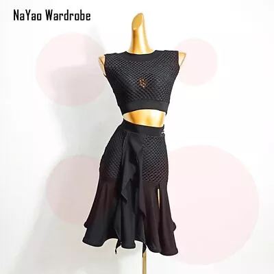 Black Striped Latin Dance Skirt Dancing Performance Women Tops Ballroom Dress • $49.40