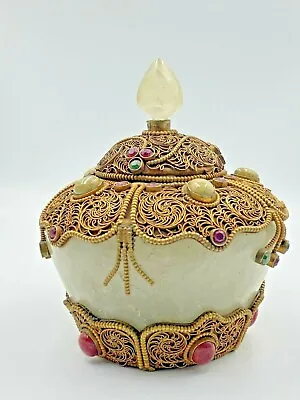  Antique Old Tibet Nepal Buddhism Filigree Crystal Inlay Gem Pot Jar Crock #9 • $499