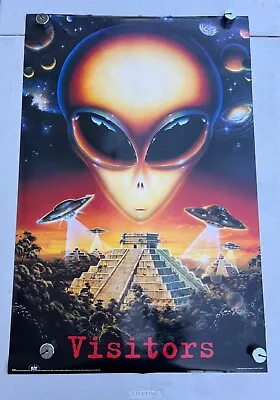 Vintage Original 90s Visitors Alien UFO Aztec Pyramid Art Poster 1996 • $79.99