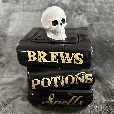 World Market Halloween Spell Books And Skull Figural Ceramic Cookie Jar Retired • $59.99