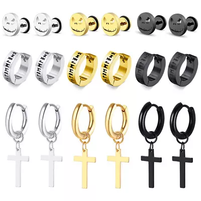 PAIR Men Hoop Earrings Studs Surgical Steel Piercing Punk Silver Gold Black • £1.99