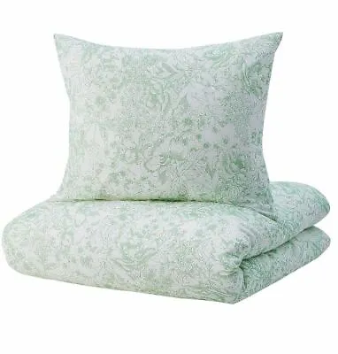 Ikea Skogsstarr Double Duvet Set Green Floral 200 X 200 Cm Pillowcases • £36.55
