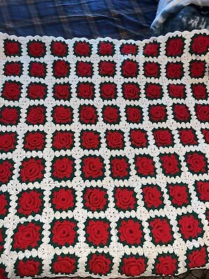 Vintage Crochet Afghan 3D Raised Red Roses Granny Square Throw Blanket 60” X 45” • $23.79