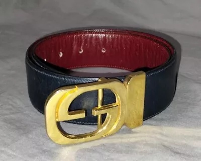 Vintage GUCCI Reversible Gold GG Buckle Black/Red Leather Belt - 8/75 • $184.95