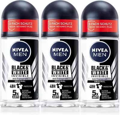 Nivea MEN  Black & White Deodorant 48H Anti-Perspirant Roll On 50ml  X 3 • £8.91