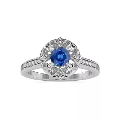 Sapphire Round And Diamond Vintage Art-deco Ring In 14k White Gold (0.90 Ctw) • $1449