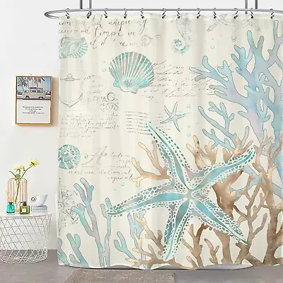 LIGHTINHOME Beach Shower Curtain 60Wx72H Inches Vintage Teal Coral Seashell Naut • $23.32