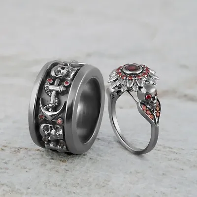 Matching Skull Wedding Ring Set His Her Couple Anchor Flower Gothic Gun Metal Fn • $508.44