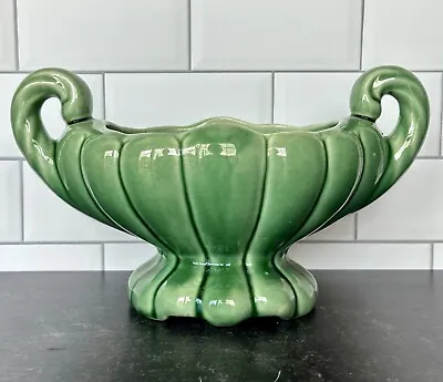 Vintage Ceramic Green Planter Pedestal Two Handles Oval Scalloped • $33.99