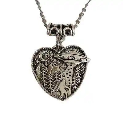 Bigfoot Yeti Sasquatch Abducted UFO Heart Pendant Silver Tone Necklace • $10