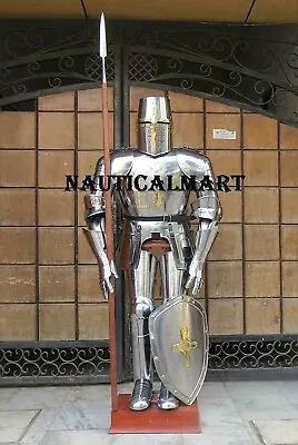 Medieval Suit Of Armor Knight Vintage Shield & Stand Halloween Crusader Templar • $859