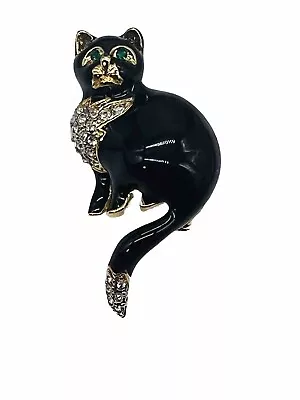 Vintage Black Cat Pin Brooch Green Eyes Enamel Crystals • $19.99