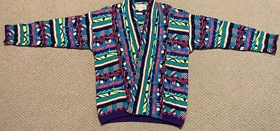 Vintage LEONIAK Cotton Knit Coogi Style Chunky Sweater Pink Teal Blue Wmns Small • $49.99