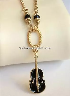 Gold Music Violin Fiddle Cello Necklace Black Band Teacher Gift 18-22  Plated • $9.99