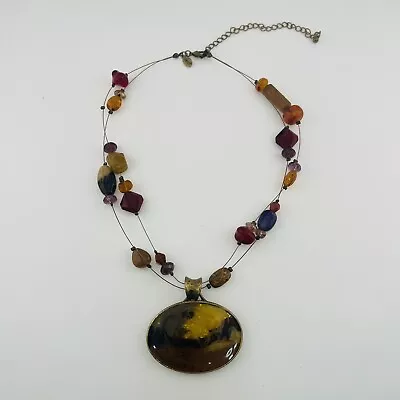 Chicos Necklace Artisan Beaded Pendant Multicolor Bronze Floating Multi-Strand • $12