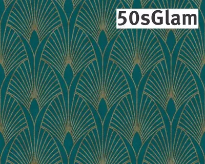 Living Walls 50's Glam Art Deco Wallpaper 374275-60074 Teal/Gold • £21.99