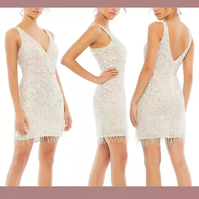 NWT $338 Mac Duggal [ 2 ] Beaded Fringe Sequined Mini Dres In Nude/Silver G1456 • $215.99