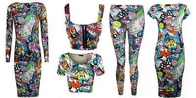 £6.98 • Buy  Womens Ladies Comic Cartoon Graffiti Print Leggings Crop Top Midi Dress