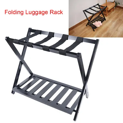 Folding Hotel Bamboo Luggage Rack Stand Black Home Suitcase Storage Holder 2Tier • $32.40
