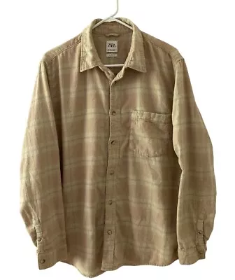 Zara Shirt Mens Size L Relaxed Fit Flannel Tan Green Plaid Button Up Long Sleeve • $14.35