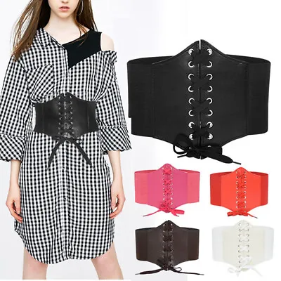 Ladies Front Tie Up Leather Waist Belt Lace-Up Elastic Corset Belt Waistband • £6.19