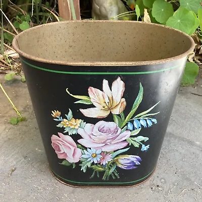 Vintage Tin Waste Tidy Rubbish Bin Retro Black Floral Flowers Decor MCM USA • $40