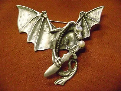 Nwt- Vintage 80's Pewter Mystical Dragon Holding Pearl Sword Brooch!!! • $5.99