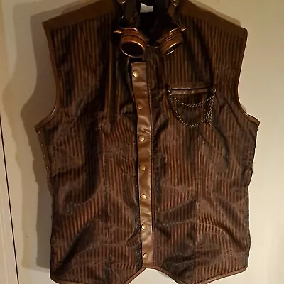 Men's Steampunk Pirate Laced Costume Vest Brown Striped XL With Googles • $66