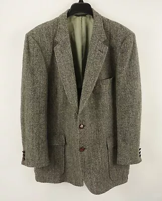 Vintage Harris Tweed Scottish Wool Men's 44L Gray Brown Herringbone Sport Coat • $79.98