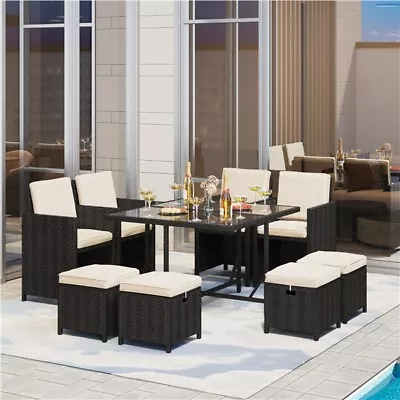 9-Piece Patio Dining Sets Outdoor Space Saving Rattan Chairs With Glass Table • $409.99