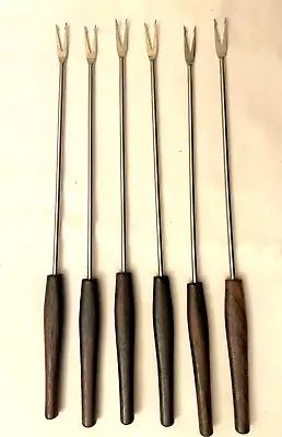 Vintage Fondue Fork 6pc Stainless Steel Teak Wood Color Coded End By ROSTFREI • $7.99