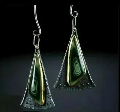 £4.49 • Buy Boho Ethnic Silver Triangle Green Stone Drop Dangle Earrings UK Seller