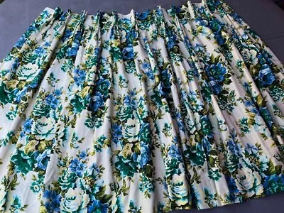 Vintage 1960s MCM Floral Pinch Pleat Curtain Drape Blue Green • $25