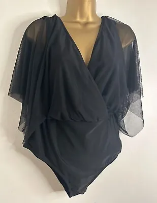 NEW EX Black Mesh Overlay Cape Sleeves Stretchy Party Holiday Swimsuit  10-26 • £13.90