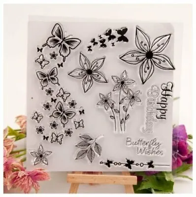 £4 • Buy Pretty Butterflies Flowers Happy Birthday Wishes 10 Unmounted Clear Stamps