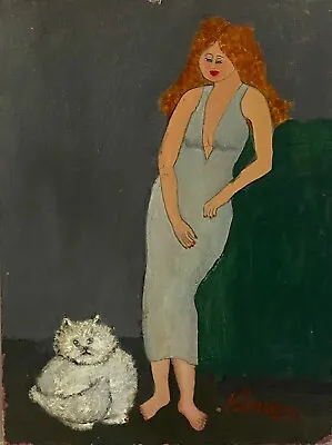 Vintage Kinner Signed Original Outsider Art Painting “Woman With Her Pet Cat” • $149