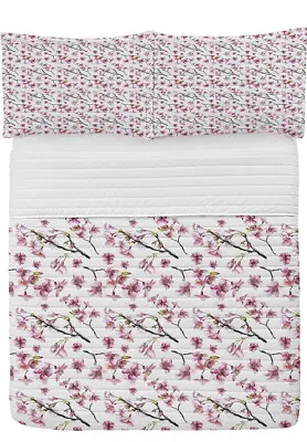 Cherry Blossom Bedspread & Pillow Shams Set  Oriental Sakura Style Print Twin • $29.99