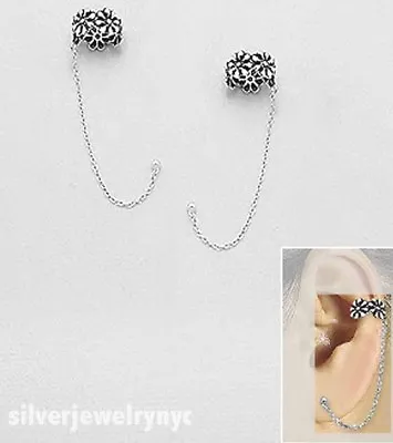 PAIR 925 Sterling Silver Flower Ear Cuff Push Back Stud Chain Links Earrings Duo • $35